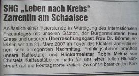 SHG "Ein Leben nach dem Krebs", Presse: Kommunalanzeiger Amt Zarrentin 05.04.2007